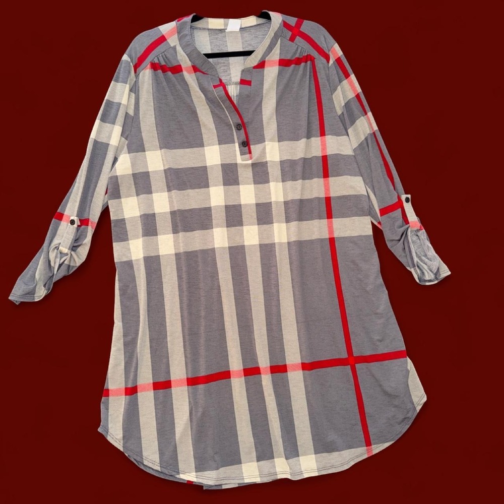 Women's 3XL Gray Red Plaid Tunic Top Roll Tab Sleeve Oversized Check